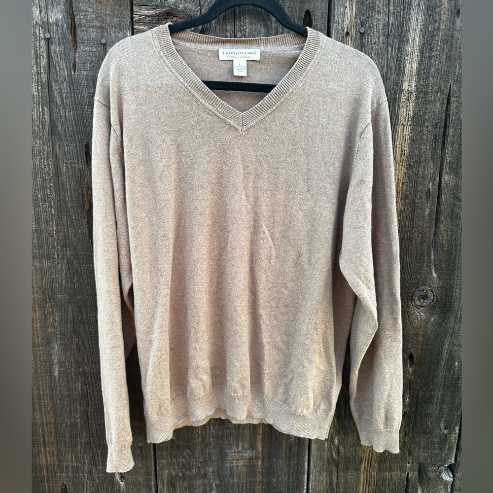 Vintage Pronto Uomo Cashmere Cotton Blend V Neck Long Sleeve Sweater in Brown